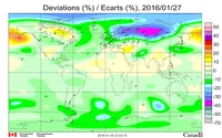Карта временных аномалий в толщине озонового слоя от 27 января