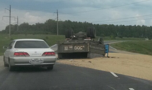 Полный зерна грузовик перевернулся на бийской трассе