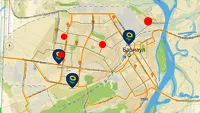 Комбинированная карта: синим отмечено расположение действующих гипермаркетов «Лента», красными кругами - места открытия супермаркетов сети, оранжевым - действующие магазины «Холди»