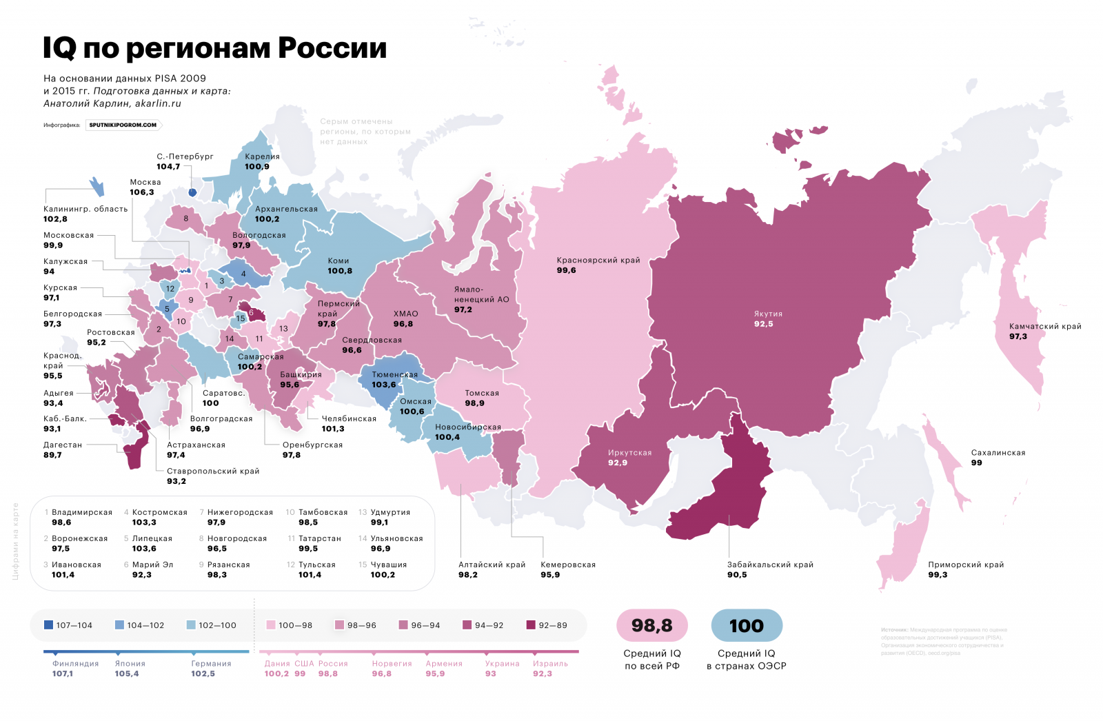 Карта средних IQ в регионах России