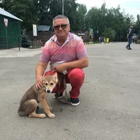 Сергей Писарев со щенком волкособа в Барнаульском зоопарке