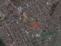 Красным кругом отмечено место пропажи, синим - предполагаемое место обнаружения тела