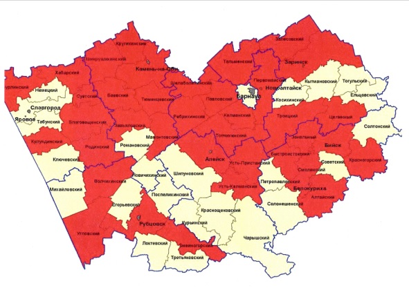 Красным отмечены районы Алтайского края, в котором есть очаги лейкоза