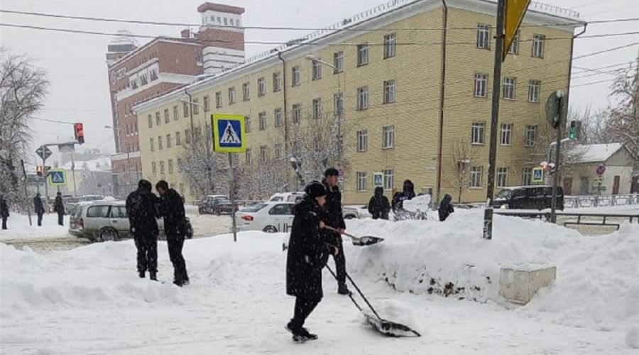 Уставшие ждать дорожников барнаульцы взялись за лопаты и приступили к уборке снега