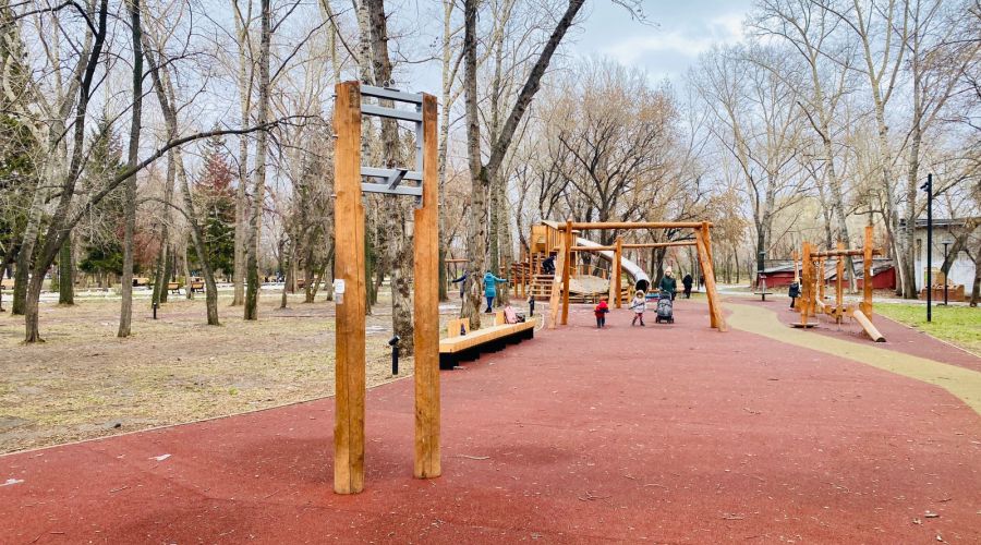 Качели в барнаульском парке после демонтажа верхней конструкции