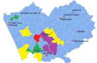 Карта расследований УФАС. Красным отмечены районы, где сговор молокосборщиков доказан, фиолетовым - где возбуждены производства, желтым - где идут проверки, зеленым - где информация не подтвердилась.