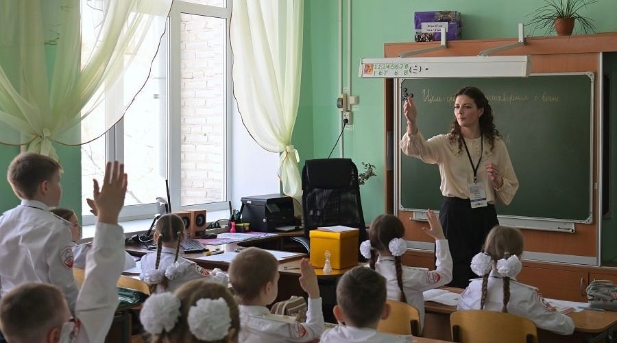 педагог ведет урок в школе